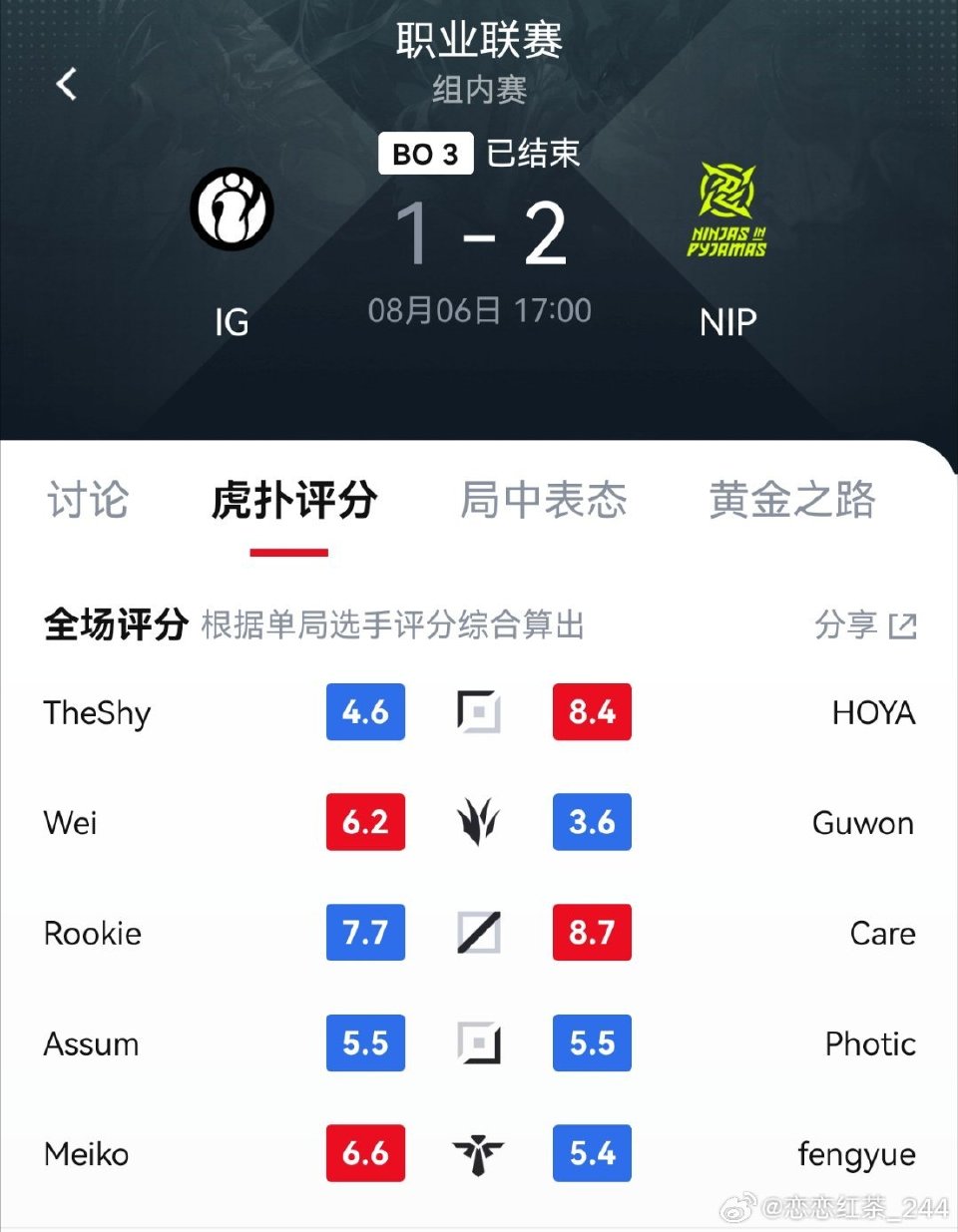 NIP战胜iG，Rookie评分最高，Meiko本赛段首次及格