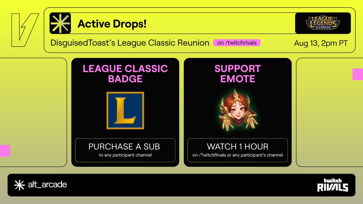 Twitch Rivals 英雄联盟经典重聚活动：订阅掉落徽章，观看一小时得表情